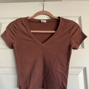 Elegant Brown V-Neck Ribbed Crop Top